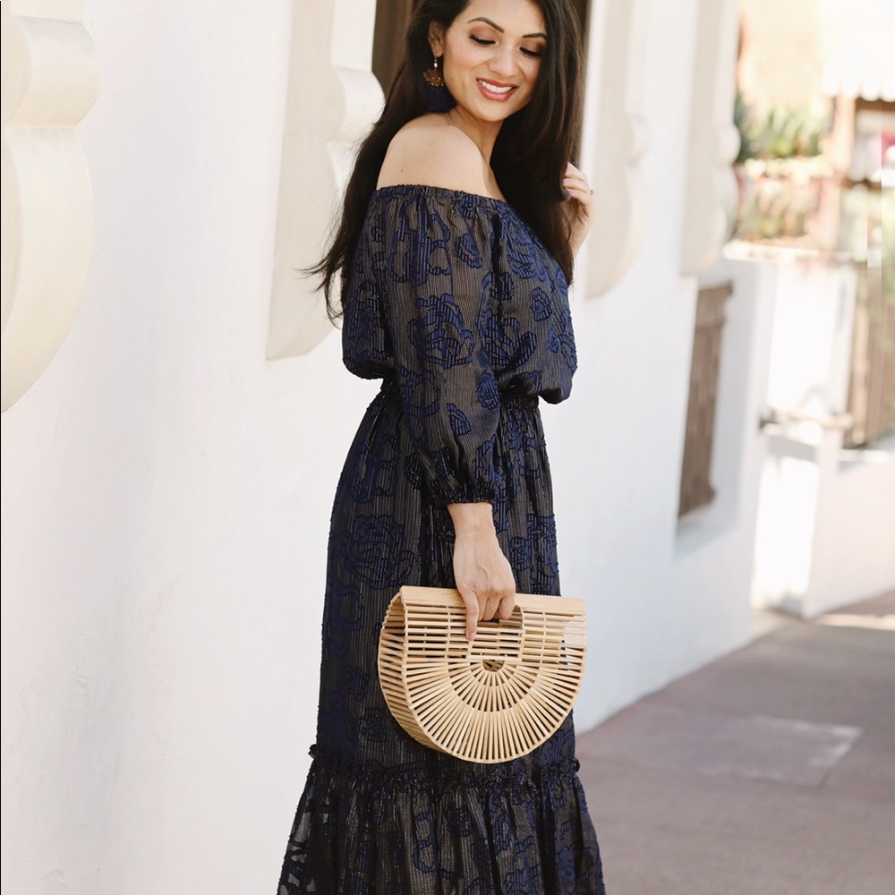 Anthro Shoshanna navy blue metallic dress